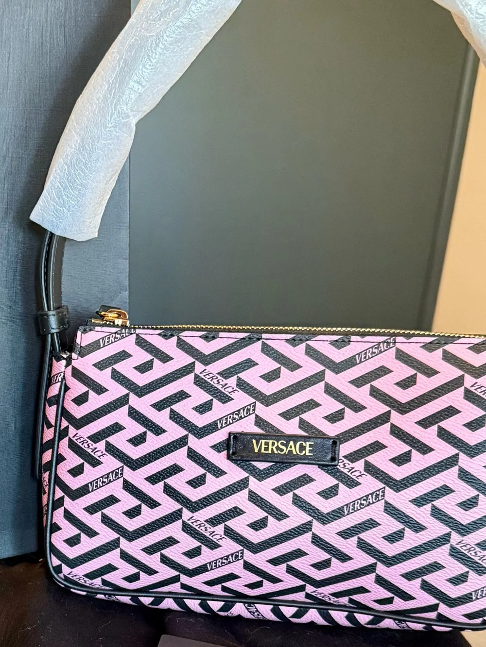 Versace La Greca Signature Shoulder Bag Pink Black Canvas Gold Metal Authentic